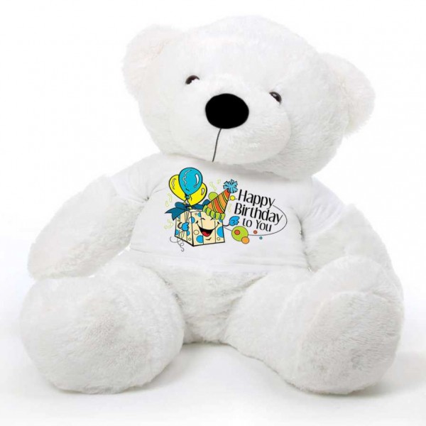 White 5 feet Big Teddy Bear wearing a Happy Birthday To You T-shirt
